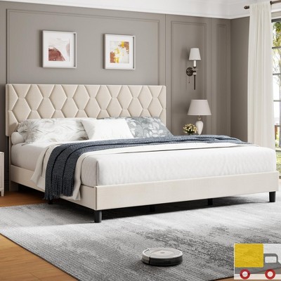 Jojoka Upholstered Platform Bed Frame with Adjustable Headboard, Diamond Pattern, Wood Slats, Noise-Free, No Box Spring Needed