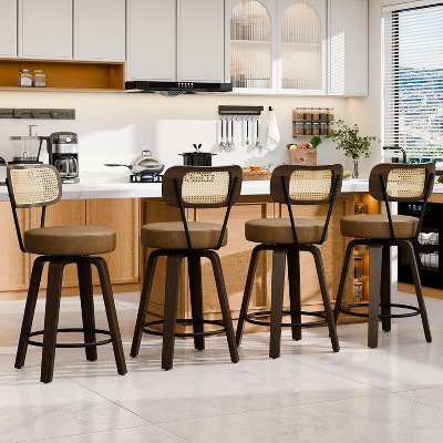 DYHOME 26 Inches Swivel Counter Height Bar Stools with PE Rattan Back, Faux Leather Upholstered Bar Chairs, Set of 4