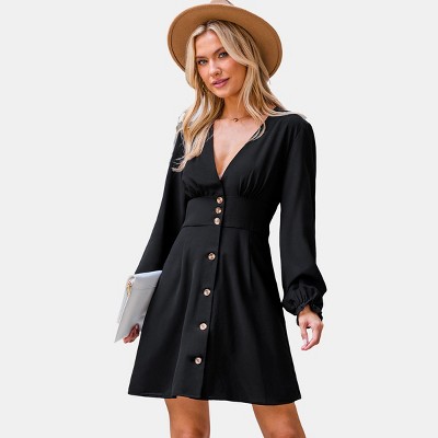 Women's Elegant Button-Down Puff Sleeve Mini Dress - Cupshe