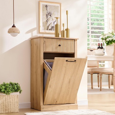 Tilt-Out Trash Cabinet, Fluted Laundry Hamper Cabinet with Drawers, Wooden Hidden Garbage Can Bin Cabinet with Storage Basket for Kitchen, Living Room