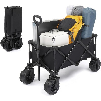 VINGLI Collapsible Wagons Carts, Heavy Duty Foldable Utility Garden Grocery Shopping Cart with Big All-Terrain Beach Wheels & Drink Holders, Black