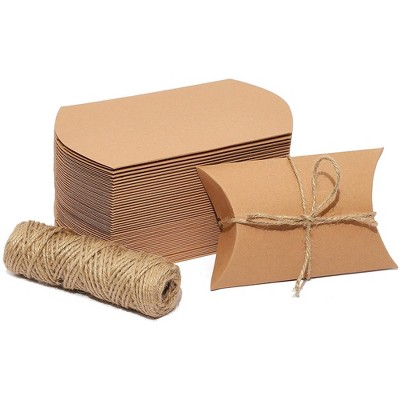 Bright Creations Set of 50 Pillow Gift Boxes with 100ft Jute String Twins for Wedding Party Favor, Kraft Paper, 5 X 3.5 in