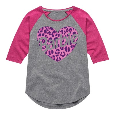 Girls' - Barbie - Pink Leopard Heart Barbie Logo Shirt Tail Raglan Graphic T-shirt