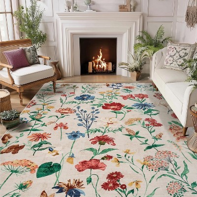 coucheta Multi-size Floral Area Rug for Living Room, Boho Machine Washable Low Pile Soft Non Slip Vintage Carpet, for Bedroom, Dining Room, Office