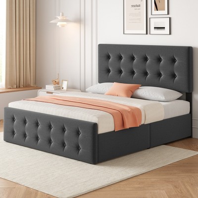 Bed Frame with 4 Storage Drawers, Linen Upholstered Platform Bed Frame with Wooden Slats Support, Button Tufted Design