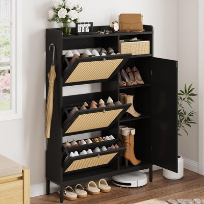 Whizmax Rattan Shoe Storage Cabinet with 3 Flip Drawers, Freestanding Organizer with Adjustable Shelves for Entryway, Shoe Rack Cabinet for Hallway