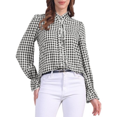 INSPIRE CHIC Women's Gingham Ruffle V Neck Button Front Long Sleeve Plaid Blouse