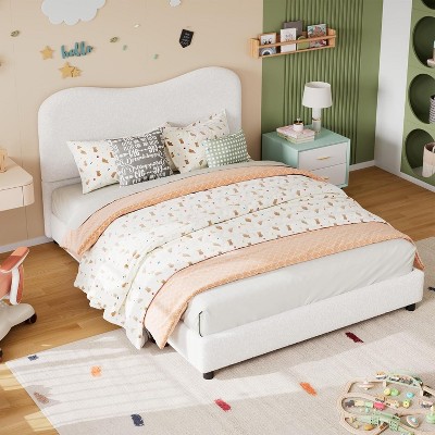 Homhougo Bed Frame for Kids with Velvet Upholstered Headboard, Cute Low Profile Platform Bed for Girls and Boys, No Box Spring Needed