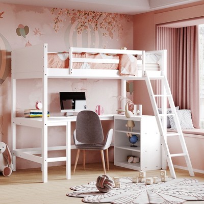Twin size Wooden Loft Bed With Shelves And Desk - ModernLuxe