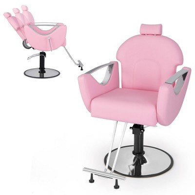 Tangkula Barber Chair Reclining Salon Chair for Hair Stylist w/ Adjustable Height Headrest Pink