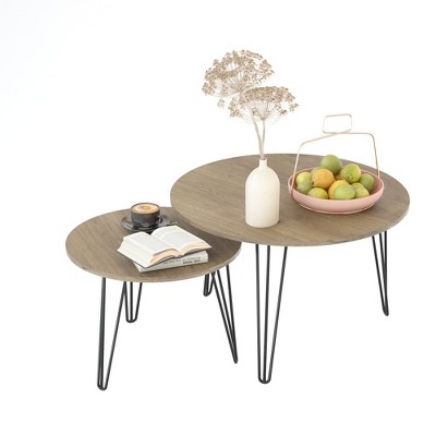 Rbied 27.56 in. 2-Piece Round Wood Nesting Coffee Table Side Table Set for Living Room Bedroom