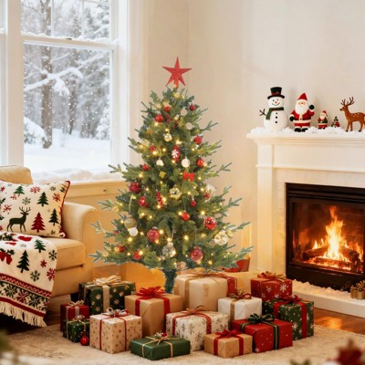 Small Christmas Tree with Lights, 4ft Pre-Lit Artificial Xmas Tree with 150 LED Lights, 265 PVC & PE Branch Tips and Foldable Base, Easy Assembly