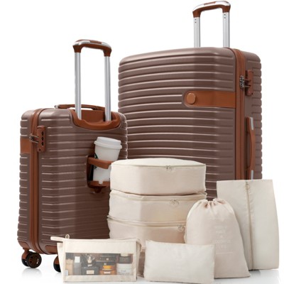 FONTOI Hardshell Luggage Set with Spinner Wheels, Travel Suitcases with 8 Packing Cube for Women/Men Carry-On & Check-In, Brown, 11.2"*29.1"*18.3"