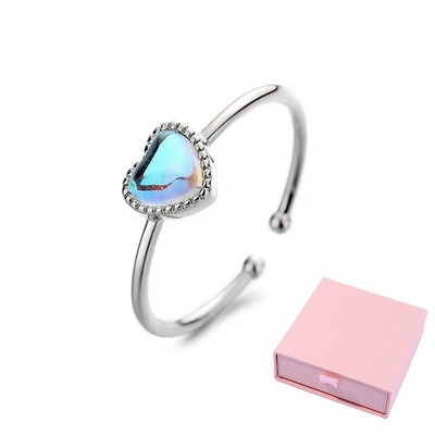 Dazzling Colorful Gemstones - Sterling Silver Ring with Moonstone Heart Women's Ring in 925 Silver Material， Adjustable Size