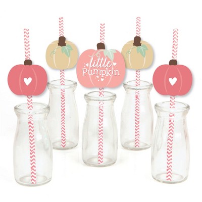 Big Dot of Happiness Girl Little Pumpkin - Paper Straw Decor - Fall Birthday Party or Baby Shower Striped Decorative Straws - Set of 24