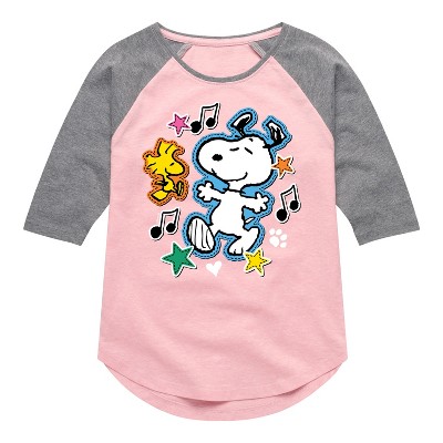 Girls' - Peanuts - Snoopy Woodstock Patches Shirt Tail Raglan Graphic T-shirt