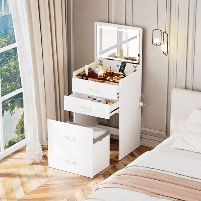 Sapphtopaz Makeup Vanity Desk with Mirror and Lights, Wood Makeup Table with Drawer & Storage Cabinet Dresser For Bedroom
