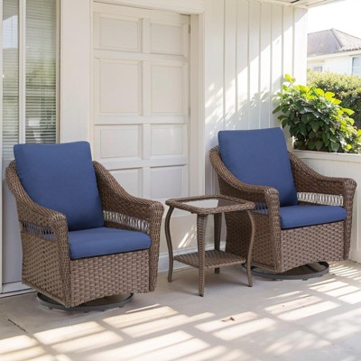 Buenhomino 3-Piece Patio Set, Wicker Swivel Glider Chairs & Side Table, Weather-Resistant with Cushions for Porch, Deck, or Balcony