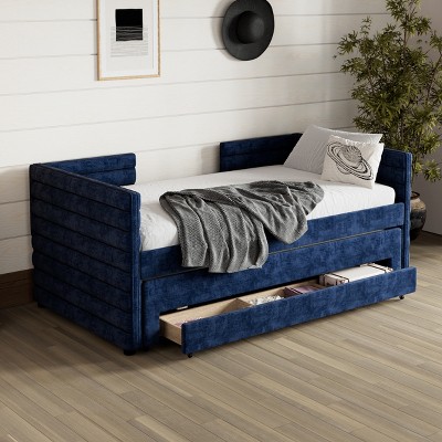 ModernLuxe Twin Size Upholstered Daybed Frame with Trundle & 3 Storage Drawers, Short-haired Linen  Sofa Bed for Guest Room, Beige/Gray/Dark Blue