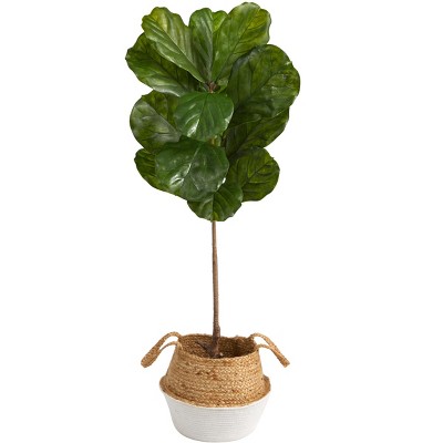 Nearly Natural 4-ft Fiddle Leaf Artificial Tree in Boho Chic Handmade Cotton & Jute White Woven Planter UV Resistant (Indoor/Outdoor)