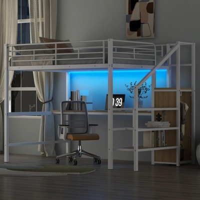 Full Size Metal Loft Bed with Desk and Storage Staircase