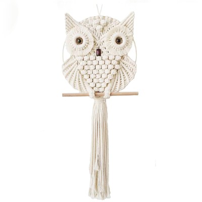 Aoibox Owl Macrame Wall Hanging Hand Woven Boho Tapestry Wall Decor for Bedroom Living Room Nursery Beige Small