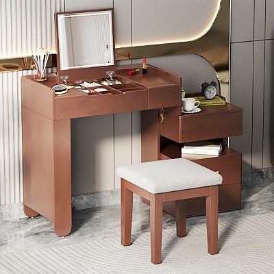 3-in-1 Makeup Vanity Desk with Flip-Top Mirror & LED, Adjustable Length Vanity Table Dressing Table Writing Desk with Drawers & Shelves - ModernLuxe