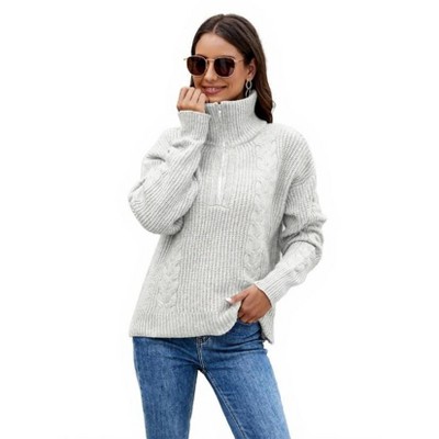 Coolmee Women's Sweaters Fall Fashion Loose Quarter Zip Pullover Collared Long Sleeve Cable Knit Winter Clothes