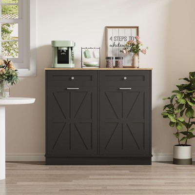 Double Tilt Out Trash Cabinet 20 Gallon, Wooden Trash Can Cabinet, Farmhouse Laundry Hamper Cabinet with Drawer, Pet Proof Trash Can