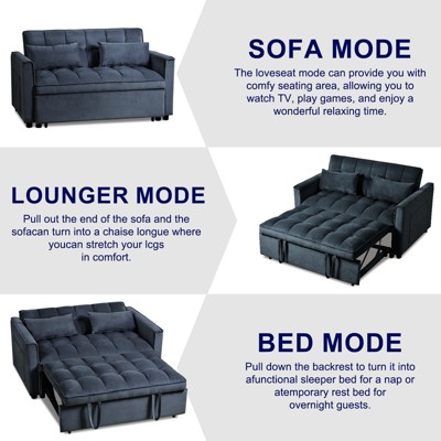 APRILSOUL 3-in-1 Convertible Sleeper Sofa - Modern Velvet Loveseat with Adjustable Backrest, Pull-Out Bed, Space-Saving, Pillows & Pockets