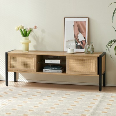 54.33" Rattan TV cabinet with variable color light strip,double sliding doors for storage,adjustable shelf, metal legs,natural