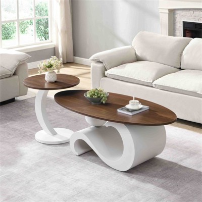 RISOKEYS Set of 2 Modern Nest Coffee Table - Wooden Brown Table Top Oval Coffee and End Table Set with White Metal Geometric Base