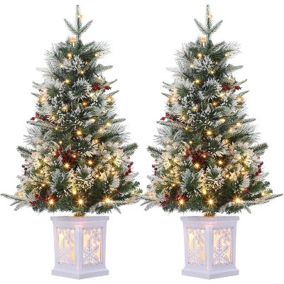 3ft Mini Xmas Tree, Pre-Lit Artificial Tree w/78 Warm White Lights, Tabletop Christmas Tree w/Timer Function, Snow Flocked Xmas Tree w/ Base