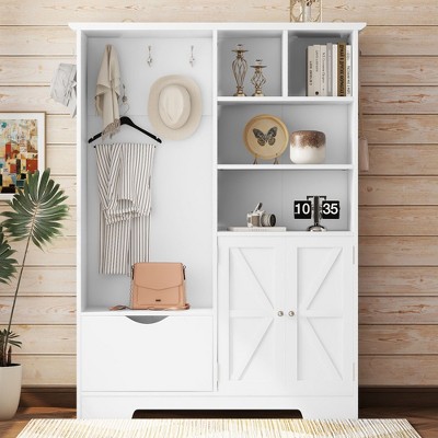 CAVINAS Coat Rack with Bench and Shoe Cabinet Modern Hall Tree with 5 Hooks and Open Shelves for Hallway