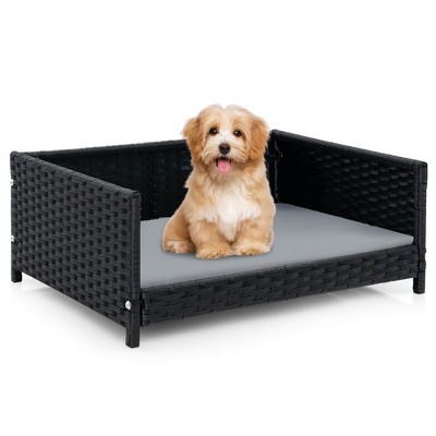 Tangkula Rattan Dog Bed w/ Waterproof Soft Cushion Metal Frame for Medium Small Dogs Cats