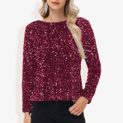 Anna-Kaci Women's Long Sleeve Sequin Velvet Top Round Neck Sparkle Blouse