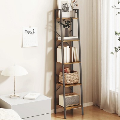 Aoibox 5-Tier Ladder Shelf Freestanding Corner Storage Rack with 2 Hooks for Home Office Living Room Kitchen Bedroom Stable Rustic