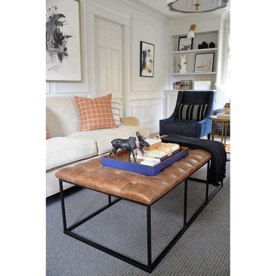 58" Draper Large Bench with Button Tufting Faux Leather Light Brown - HomePop: Upholstered Ottoman, Entryway Seating