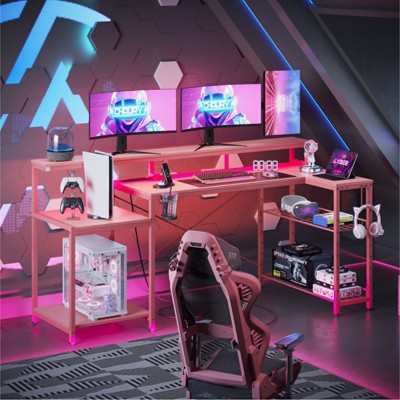 Bestier 71.5” Gaming Desk with Power Outlet, L-Shaped Computer Desk with Monitor Stand, Corner Gamer Table with Adjustable shelf & Headphone hook