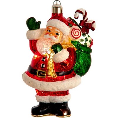 Kurt Adler Pre-lit LED Glass Ornament for Christmas Tree, USB-Powered Santa With Gift Bag