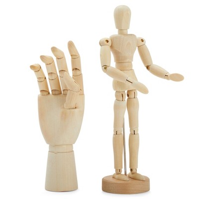 Bright Creations 7" Wooden Hand Model and 8" Posable Wooden Mannequin Figure for Drawing, Adjustable Art Supplies (2-Piece)
