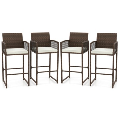 Costway Patio Bar Stools Set of 2/4 PE Rattan Bar Height Chairs with Backrests & Armrests