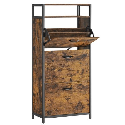 VASAGLE Shoe Cabinet with 3 Flip Doors, Storage Rack with Open Compartment, Internal Dividers, for 15-18 Pairs of Shoes,Rustic Brown and Black