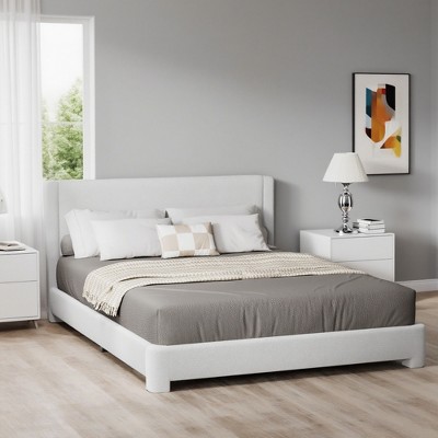 Dyonery Comfy Boucle Bed Frame,Modern White Bed Frame with Adjustable Headboard/Soft Rounded Corners, No Box Spring Required,Easy Assembly