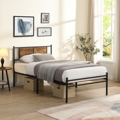 Twin Size Metal Bed Frame with Headboard with Wood Panel Decoration