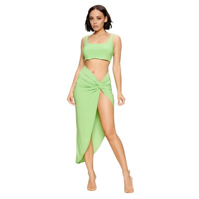 Slickblue Summer Days Crop Top & Twist Slit Skirt Set – Green Tea, Trendy 2-Piece Women’s Outfit, M/L
