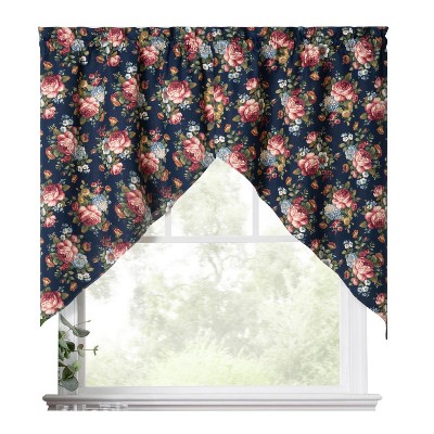 Ellis Bella Rose Stylish Medium Scale Printed Floral Pattern 1.5" Rod Pocket Tailored Swag 56"x36" Navy