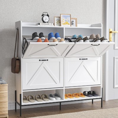 Shoe Storage Cabinet with 4 Flip Drawers, 2 Tier Free Standing Shoe Rack with 2 Cubbies, Hooks & Metal Frame, Narrow Shoe Storage for Entryway