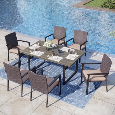 Captiva Designs 7pc Patio Wood-look Rectangle Dining Table & Rattan Chairs with Removable Cushions