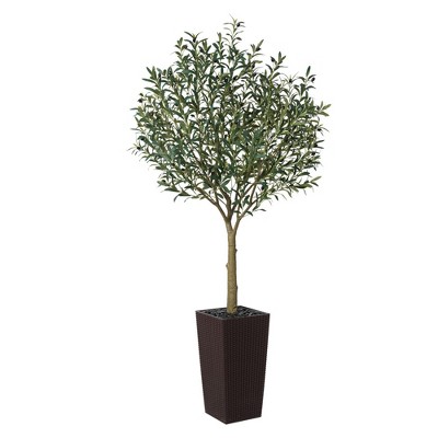 DR.Planzen 5-8FT Adjustable Artificial Olive Tree - UV Resistant Fake Plant in 15.7-22.7" Tall Planter (B/W/Coffee) for Indoor/Outdoor